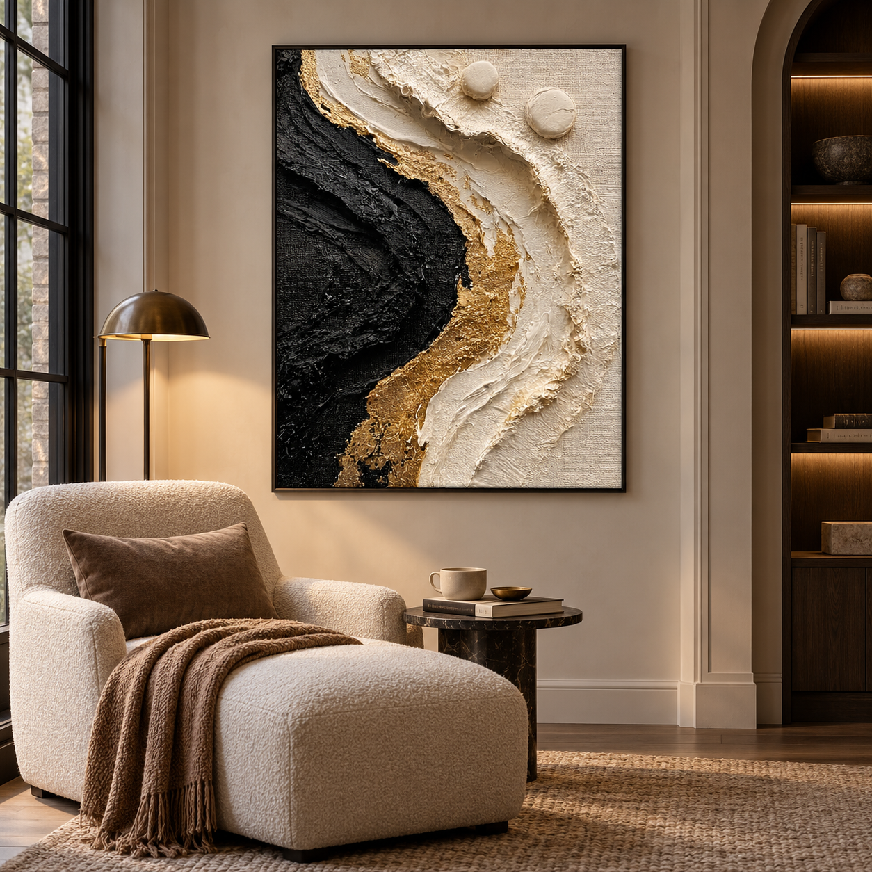 Large Vertical 3D Textured Black and Gold Canvas Wall Art – Hand-Painted Modern Abstract Cream Wave Plaster Oil Painting, Gold Leaf Impasto Artwork with 3D Spheres for Entryway & Living Room Decor TEXVAS | Textured Canvas Art