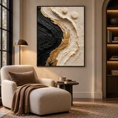 Large Vertical 3D Textured Black and Gold Canvas Wall Art – Hand-Painted Modern Abstract Cream Wave Plaster Oil Painting, Gold Leaf Impasto Artwork with 3D Spheres for Entryway & Living Room Decor TEXVAS | Textured Canvas Art