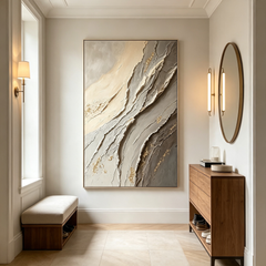 Contemporary Textured Abstract Art – Hand-Painted Neutral Tones with Golden Accents (Vertical Wall Decor)