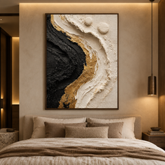 Large Vertical 3D Textured Black and Gold Canvas Wall Art – Hand-Painted Modern Abstract Cream Wave Plaster Oil Painting, Gold Leaf Impasto Artwork with 3D Spheres for Entryway & Living Room Decor TEXVAS | Textured Canvas Art