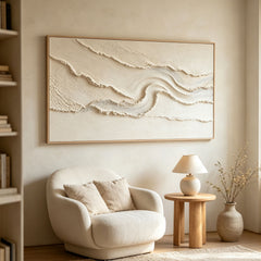 Minimalist Flowing Ridge 3D Texture Art – Hand-Painted White & Cream Abstract Landscape (Horizontal Wall Decor)
