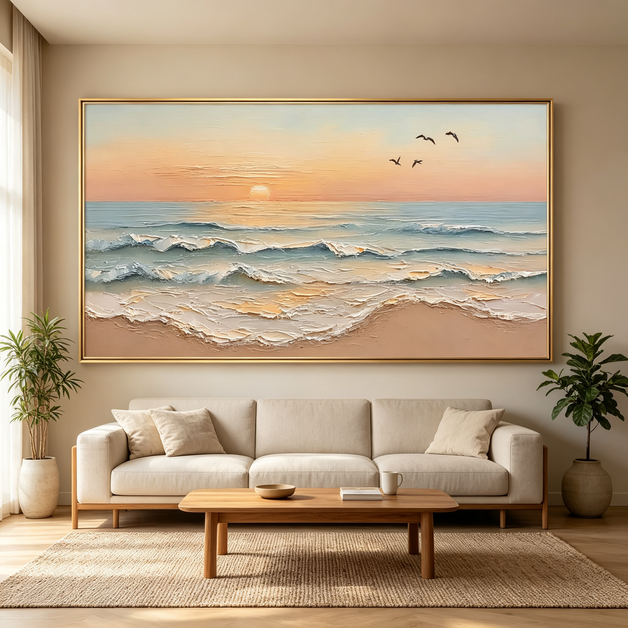 Golden Horizon – Hand-Painted 3D Ocean Wave Sunset Canvas Wall Art | Coastal Impasto Seascape Framed Artwork TEXVAS | Textured Canvas Art
