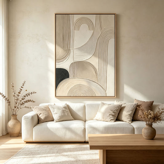 Modern Abstract Geometric 3D Texture Art – Hand-Painted Neutral Arches & Lines (Vertical Wall Decor)