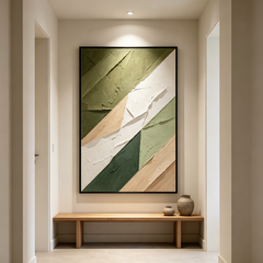Modern Abstract Geometric 3D Texture Art – Hand-Painted Sage & Olive Green Color-Blocking (Vertical Wall Decor)