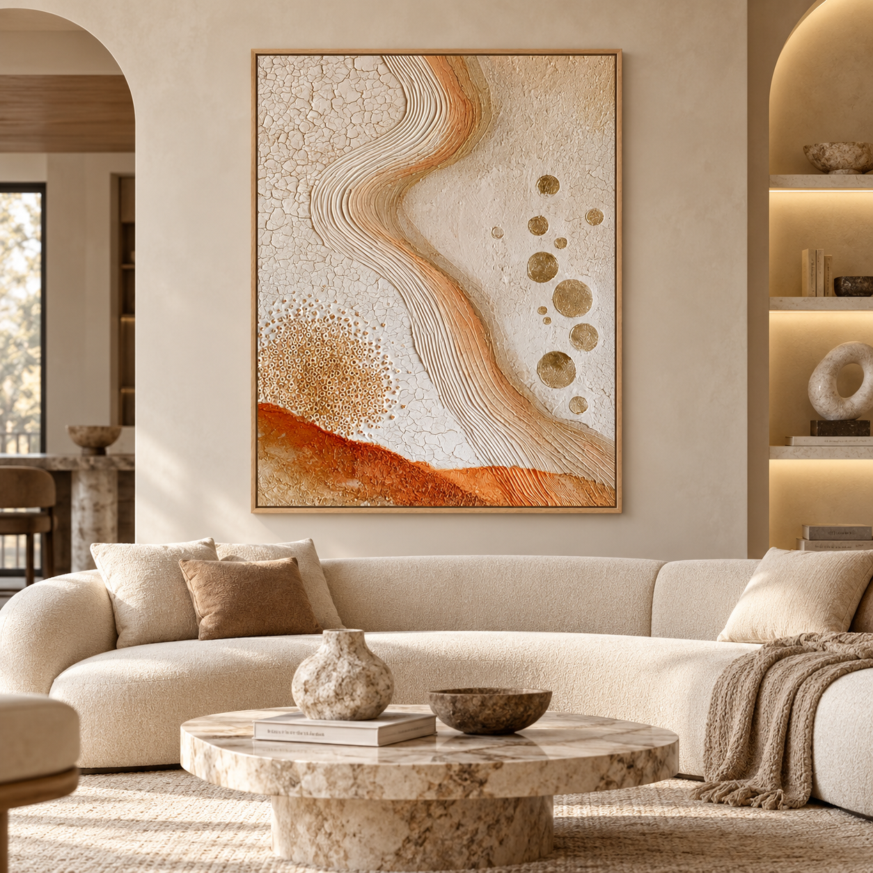 Large Vertical 3D Textured Terracotta Canvas Wall Art – Hand-Painted Gold Foil Circles & Cracked Plaster Oil Painting, Modern Wabi-Sabi Desert Wave Impasto Art with Bead Relief for Entryway & Bedroom Decor TEXVAS | Textured Canvas Art