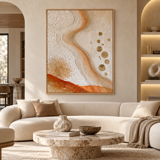 Large Vertical 3D Textured Terracotta Canvas Wall Art – Hand-Painted Gold Foil Circles & Cracked Plaster Oil Painting, Modern Wabi-Sabi Desert Wave Impasto Art with Bead Relief for Entryway & Bedroom Decor TEXVAS | Textured Canvas Art
