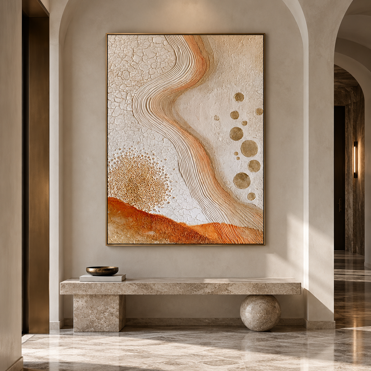 Large Vertical 3D Textured Terracotta Canvas Wall Art – Hand-Painted Gold Foil Circles & Cracked Plaster Oil Painting, Modern Wabi-Sabi Desert Wave Impasto Art with Bead Relief for Entryway & Bedroom Decor TEXVAS | Textured Canvas Art