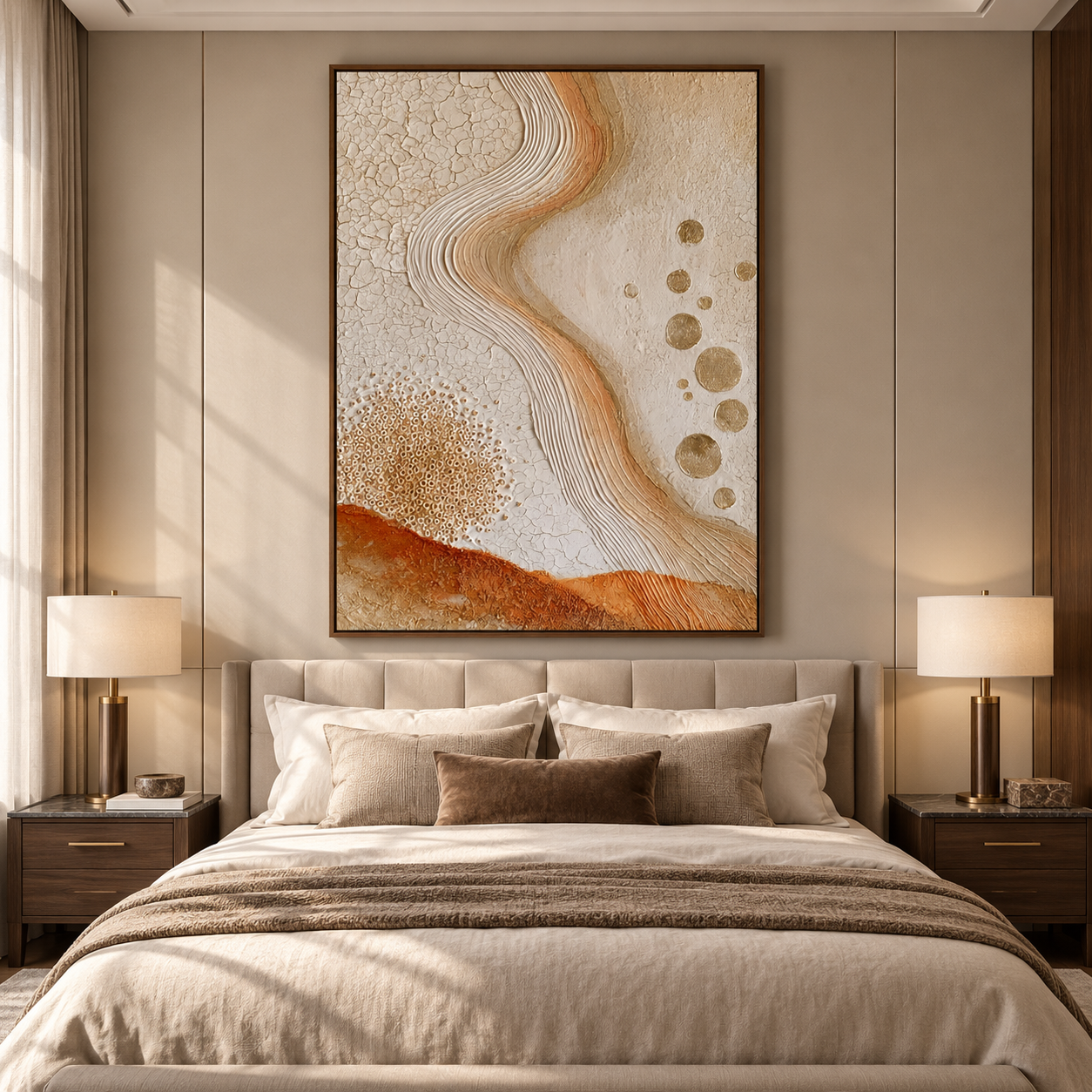 Large Vertical 3D Textured Terracotta Canvas Wall Art – Hand-Painted Gold Foil Circles & Cracked Plaster Oil Painting, Modern Wabi-Sabi Desert Wave Impasto Art with Bead Relief for Entryway & Bedroom Decor TEXVAS | Textured Canvas Art