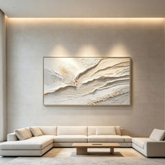 Modern Luxury 3D Texture Abstract Art Painting (Hand-Painted Cream & Gold Accented Horizontal Living Room Wall Decor)