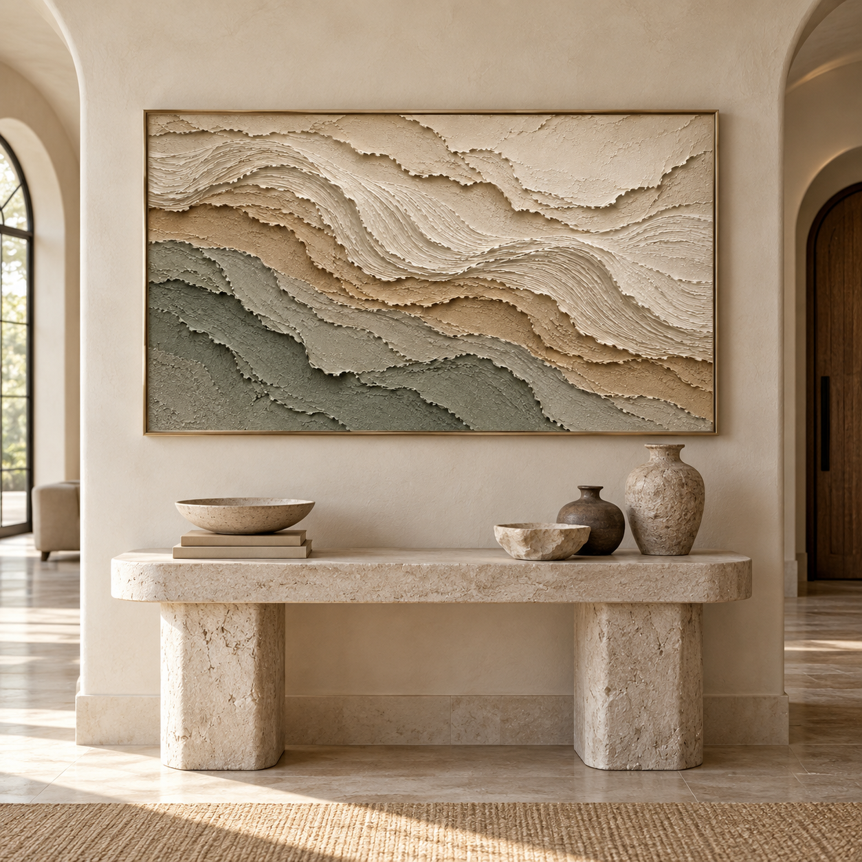 Terra Terraces – Hand-Painted 3D Sage Green & Sand Textured Canvas Wall Art | Minimalist Earthy Wabi-Sabi Framed Artwork TEXVAS | Textured Canvas Art