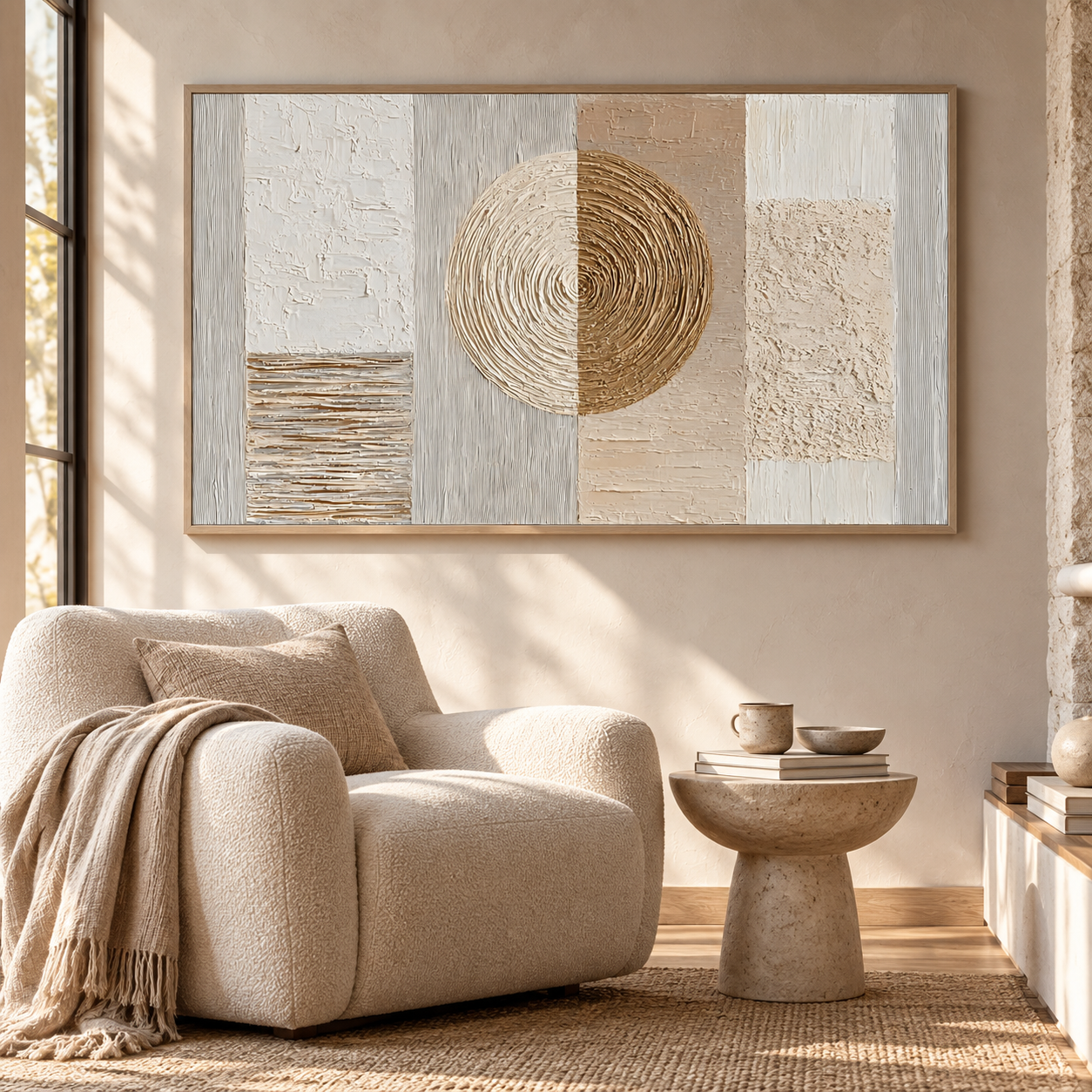 Celestial Harmony – Hand-Painted 3D Gold & Beige Geometric Circle Textured Canvas Wall Art | Modern Wabi-Sabi Framed Artwork TEXVAS | Textured Canvas Art
