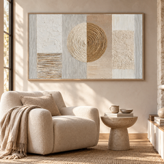 Celestial Harmony – Hand-Painted 3D Gold & Beige Geometric Circle Textured Canvas Wall Art | Modern Wabi-Sabi Framed Artwork TEXVAS | Textured Canvas Art