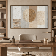 Celestial Harmony – Hand-Painted 3D Gold & Beige Geometric Circle Textured Canvas Wall Art | Modern Wabi-Sabi Framed Artwork TEXVAS | Textured Canvas Art