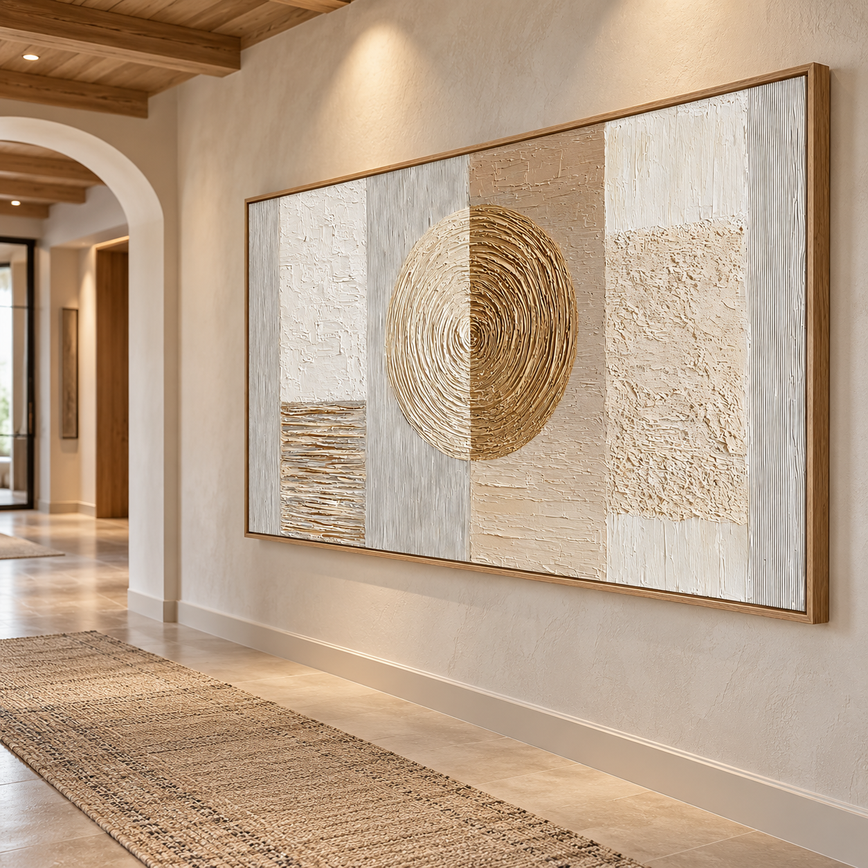 Celestial Harmony – Hand-Painted 3D Gold & Beige Geometric Circle Textured Canvas Wall Art | Modern Wabi-Sabi Framed Artwork TEXVAS | Textured Canvas Art