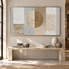 Celestial Harmony – Hand-Painted 3D Gold & Beige Geometric Circle Textured Canvas Wall Art | Modern Wabi-Sabi Framed Artwork TEXVAS | Textured Canvas Art