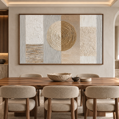 Celestial Harmony – Hand-Painted 3D Gold & Beige Geometric Circle Textured Canvas Wall Art | Modern Wabi-Sabi Framed Artwork TEXVAS | Textured Canvas Art