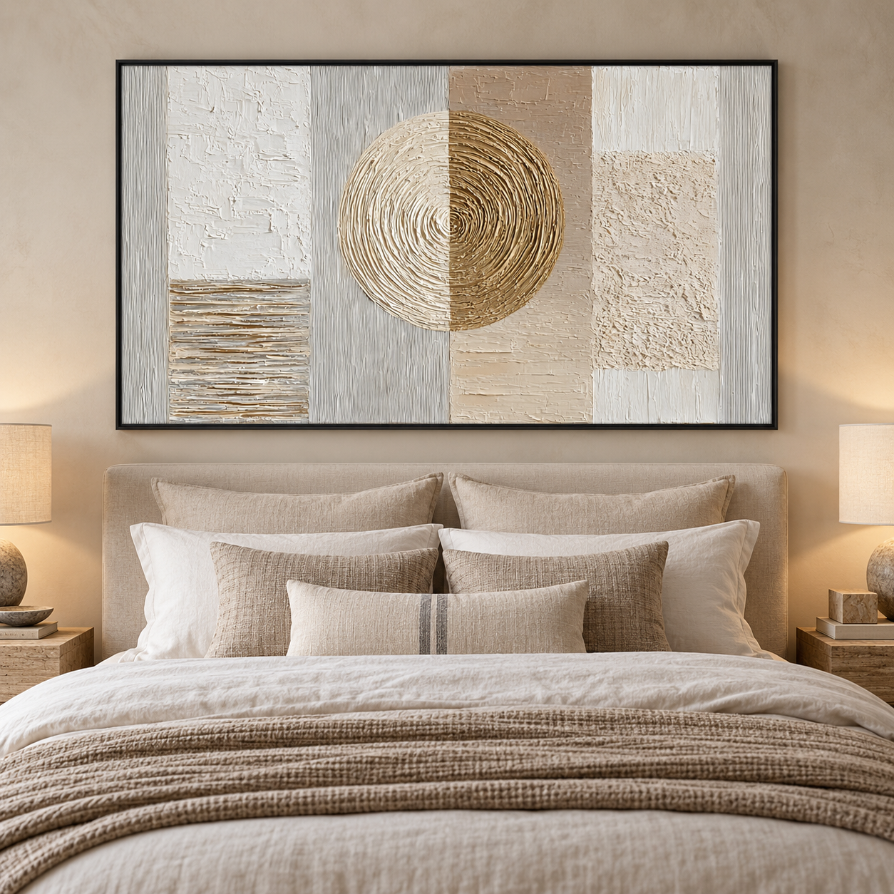 Celestial Harmony – Hand-Painted 3D Gold & Beige Geometric Circle Textured Canvas Wall Art | Modern Wabi-Sabi Framed Artwork TEXVAS | Textured Canvas Art