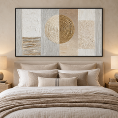 Celestial Harmony – Hand-Painted 3D Gold & Beige Geometric Circle Textured Canvas Wall Art | Modern Wabi-Sabi Framed Artwork TEXVAS | Textured Canvas Art