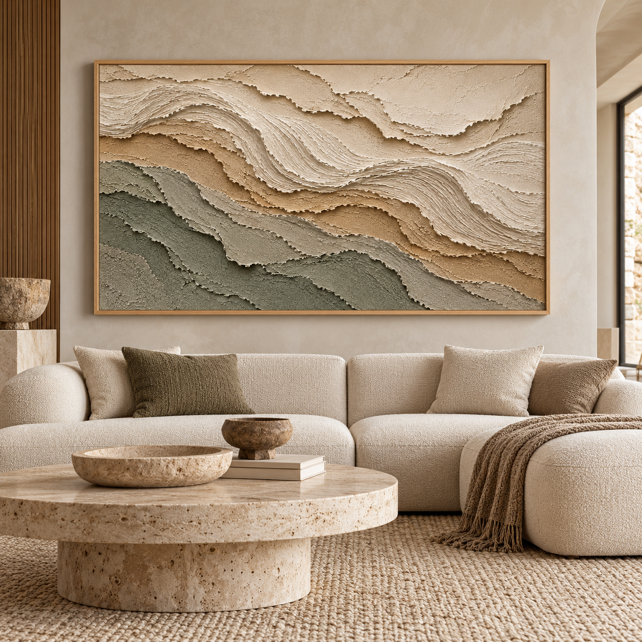 Terra Terraces – Hand-Painted 3D Sage Green & Sand Textured Canvas Wall Art | Minimalist Earthy Wabi-Sabi Framed Artwork TEXVAS | Textured Canvas Art