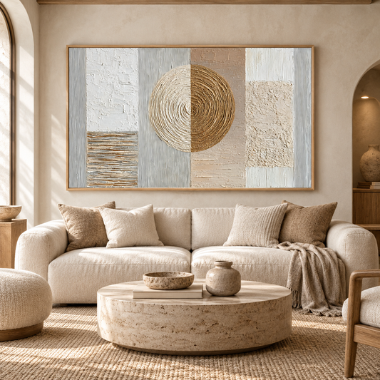 Celestial Harmony – Hand-Painted 3D Gold & Beige Geometric Circle Textured Canvas Wall Art | Modern Wabi-Sabi Framed Artwork TEXVAS | Textured Canvas Art