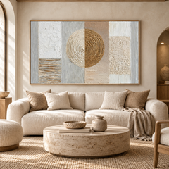 Celestial Harmony – Hand-Painted 3D Gold & Beige Geometric Circle Textured Canvas Wall Art | Modern Wabi-Sabi Framed Artwork TEXVAS | Textured Canvas Art