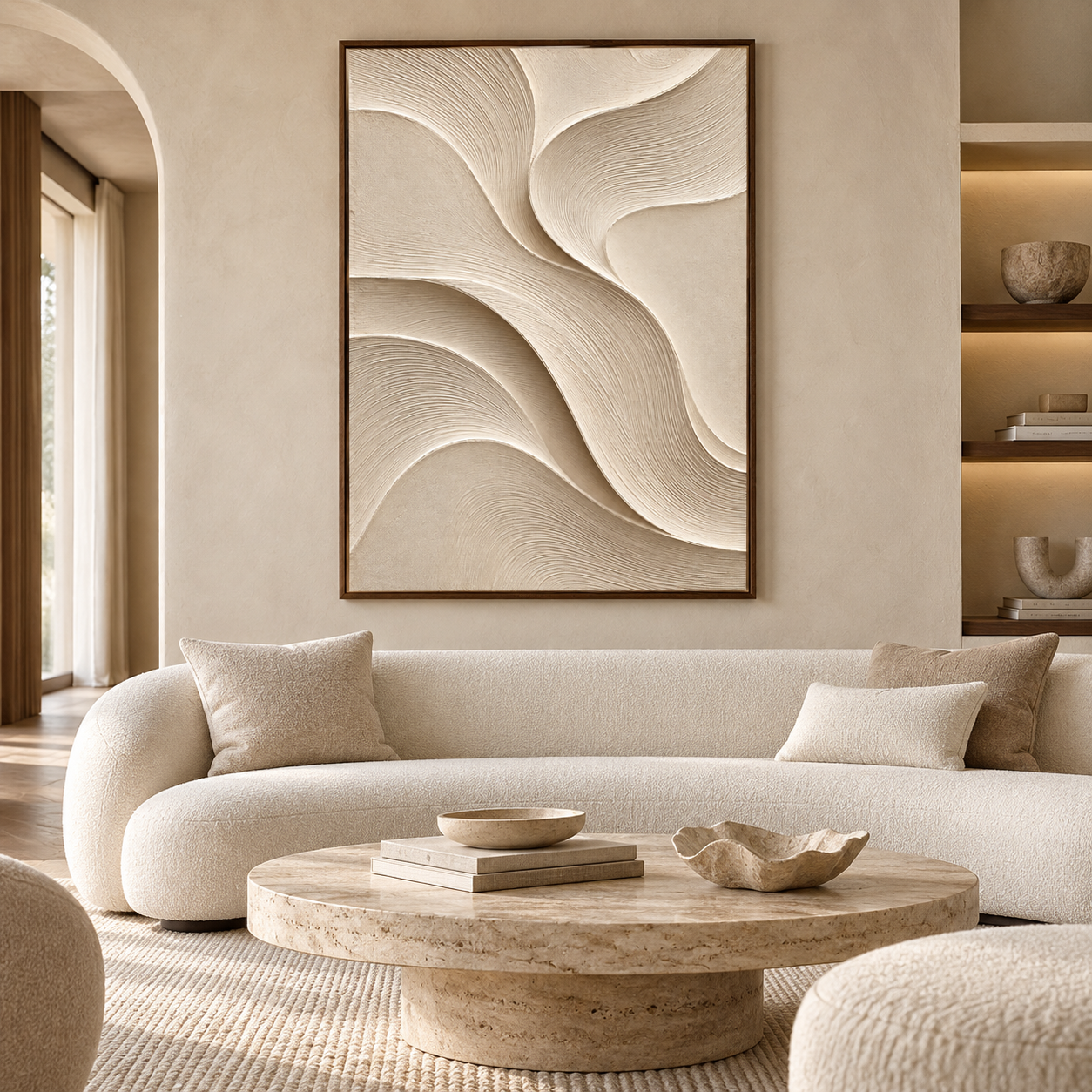 Large Vertical 3D Textured Minimalist Canvas Wall Art – Hand-Painted Cream & Beige Waves Plaster Oil Painting, Modern Wabi-Sabi Sand Dune Combed Impasto Artwork for Entryway & Bedroom Decor TEXVAS | Textured Canvas Art