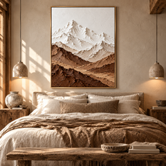 Alpine Peaks – Hand-Painted 3D Snow Mountain & Earthy Brown Textured Canvas Wall Art | Vertical Minimalist Framed Artwork TEXVAS | Textured Canvas Art