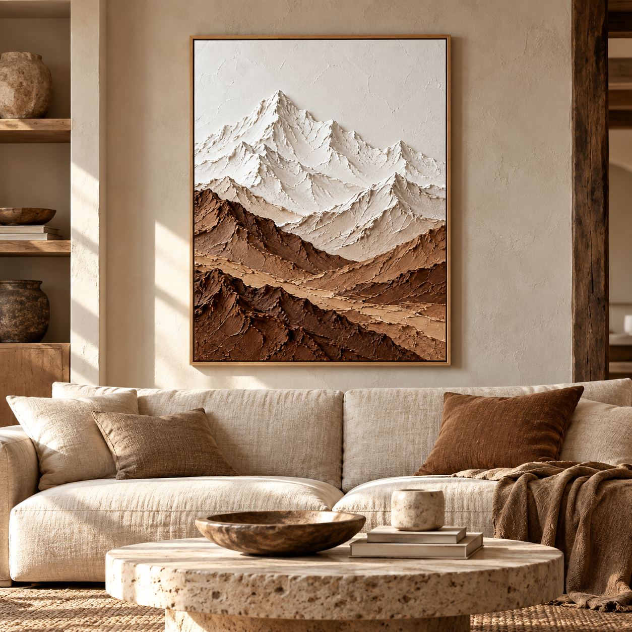 Alpine Peaks – Hand-Painted 3D Snow Mountain & Earthy Brown Textured Canvas Wall Art | Vertical Minimalist Framed Artwork TEXVAS | Textured Canvas Art
