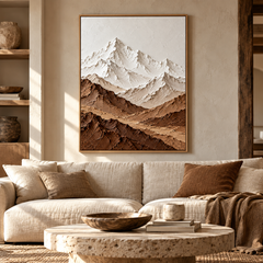 Alpine Peaks – Hand-Painted 3D Snow Mountain & Earthy Brown Textured Canvas Wall Art | Vertical Minimalist Framed Artwork TEXVAS | Textured Canvas Art