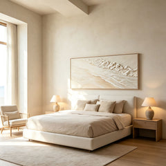 Minimalist Coastal Calm 3D Texture Art – Hand-Painted White Sand & Waves (Abstract Seascape Horizontal Wall Decor)