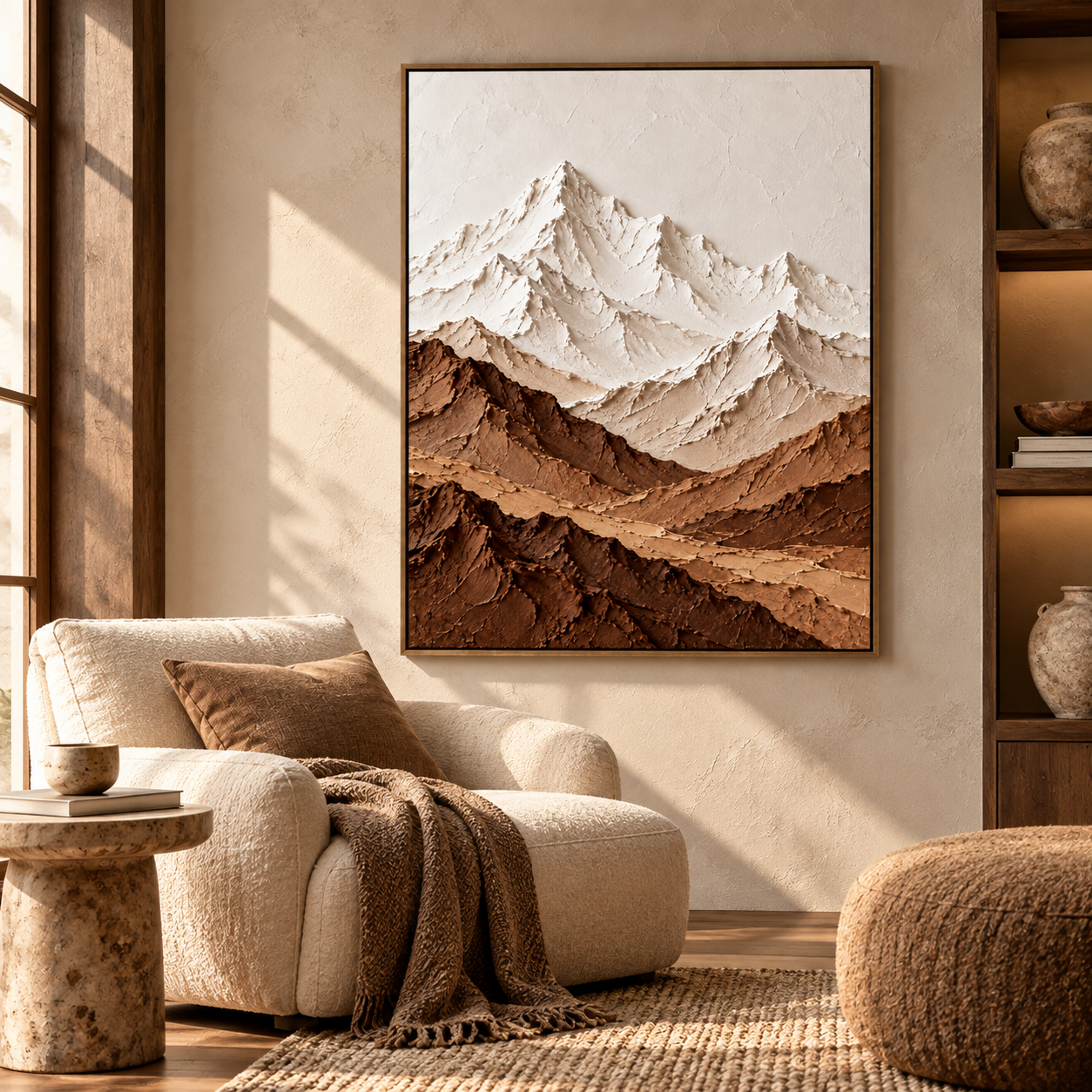 Alpine Peaks – Hand-Painted 3D Snow Mountain & Earthy Brown Textured Canvas Wall Art | Vertical Minimalist Framed Artwork TEXVAS | Textured Canvas Art