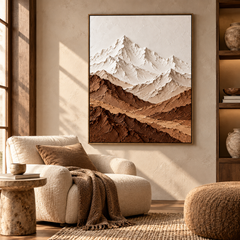 Alpine Peaks – Hand-Painted 3D Snow Mountain & Earthy Brown Textured Canvas Wall Art | Vertical Minimalist Framed Artwork TEXVAS | Textured Canvas Art