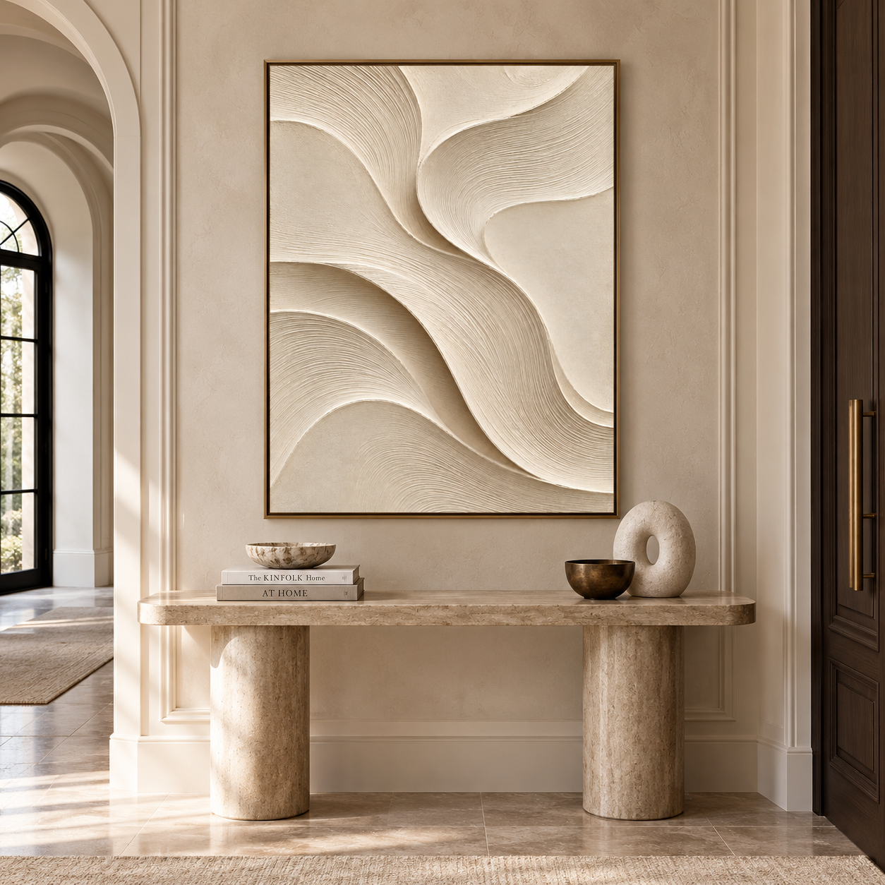 Large Vertical 3D Textured Minimalist Canvas Wall Art – Hand-Painted Cream & Beige Waves Plaster Oil Painting, Modern Wabi-Sabi Sand Dune Combed Impasto Artwork for Entryway & Bedroom Decor TEXVAS | Textured Canvas Art