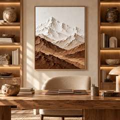 Alpine Peaks – Hand-Painted 3D Snow Mountain & Earthy Brown Textured Canvas Wall Art | Vertical Minimalist Framed Artwork TEXVAS | Textured Canvas Art