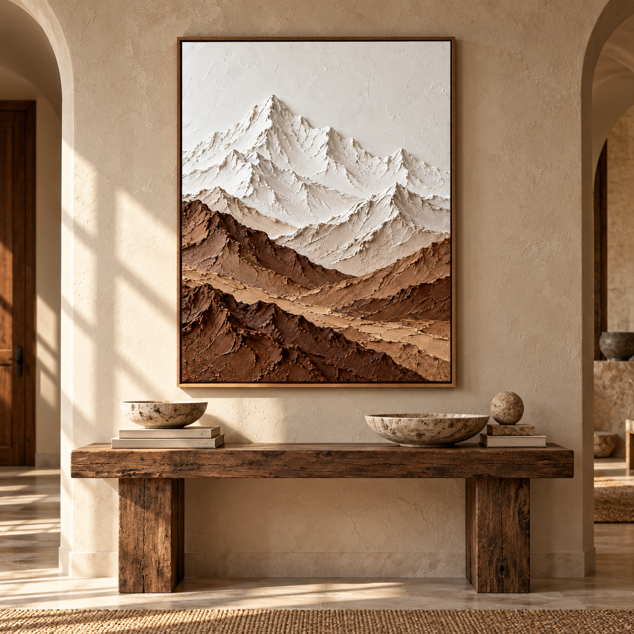Alpine Peaks – Hand-Painted 3D Snow Mountain & Earthy Brown Textured Canvas Wall Art | Vertical Minimalist Framed Artwork TEXVAS | Textured Canvas Art