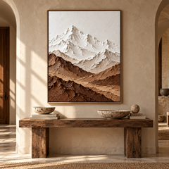 Alpine Peaks – Hand-Painted 3D Snow Mountain & Earthy Brown Textured Canvas Wall Art | Vertical Minimalist Framed Artwork TEXVAS | Textured Canvas Art