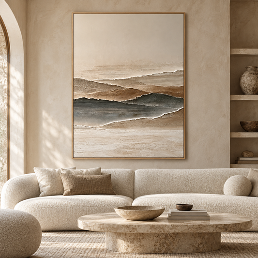 Minimalist Mountain Horizon 3D Textured Wall Art – Earthy Beige & Slate Grey Impasto Canvas Painting for Living Room, Wabi-Sabi Landscape Wall Decor TEXVAS | Textured Canvas Art