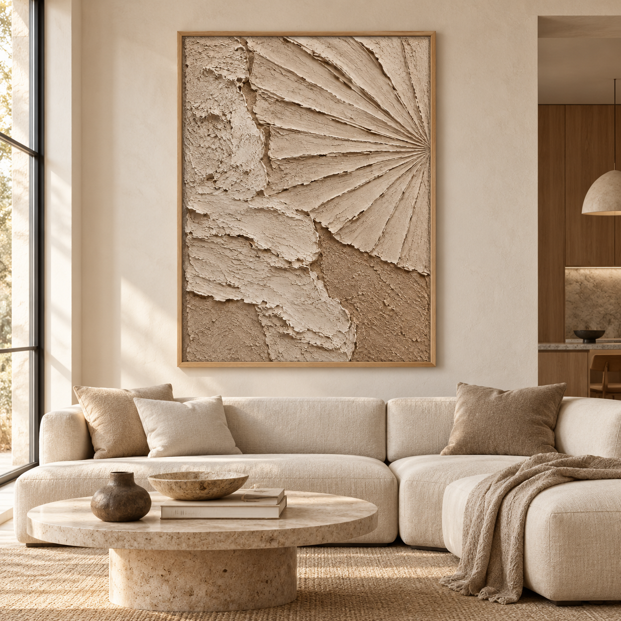 Sculptural Radial Fan & Sand Dune 3D Textured Wall Art – Warm Beige & Taupe Impasto Canvas Art for Living Room, Minimalist Wabi-Sabi Wall Decor TEXVAS | Textured Canvas Art