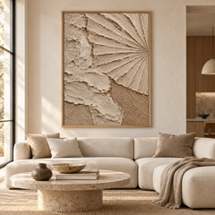 Sculptural Radial Fan & Sand Dune 3D Textured Wall Art – Warm Beige & Taupe Impasto Canvas Art for Living Room, Minimalist Wabi-Sabi Wall Decor TEXVAS | Textured Canvas Art
