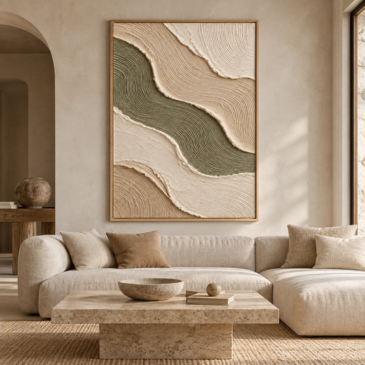 Wavy Sage Green & Beige Sand River 3D Textured Wall Art – Abstract Fluted Wave Impasto Canvas Art for Living Room, Modern Wabi-Sabi Wall Decor TEXVAS | Textured Canvas Art