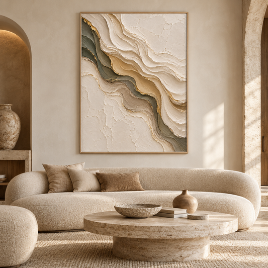 Luxury Gold Leaf & Sage Wave 3D Textured Wall Art – Abstract Organic Marble & River Impasto Canvas Art for Living Room, Modern Wabi-Sabi Wall Decor TEXVAS | Textured Canvas Art