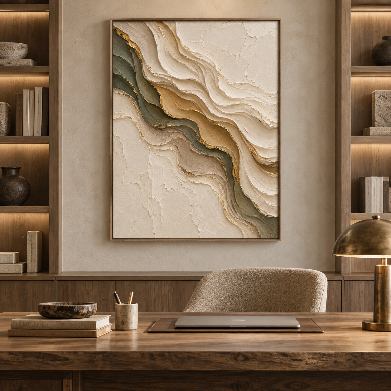 Luxury Gold Leaf & Sage Wave 3D Textured Wall Art – Abstract Organic Marble & River Impasto Canvas Art for Living Room, Modern Wabi-Sabi Wall Decor TEXVAS | Textured Canvas Art