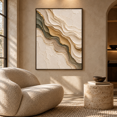 Luxury Gold Leaf & Sage Wave 3D Textured Wall Art – Abstract Organic Marble & River Impasto Canvas Art for Living Room, Modern Wabi-Sabi Wall Decor TEXVAS | Textured Canvas Art