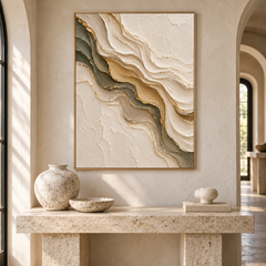 Luxury Gold Leaf & Sage Wave 3D Textured Wall Art – Abstract Organic Marble & River Impasto Canvas Art for Living Room, Modern Wabi-Sabi Wall Decor TEXVAS | Textured Canvas Art