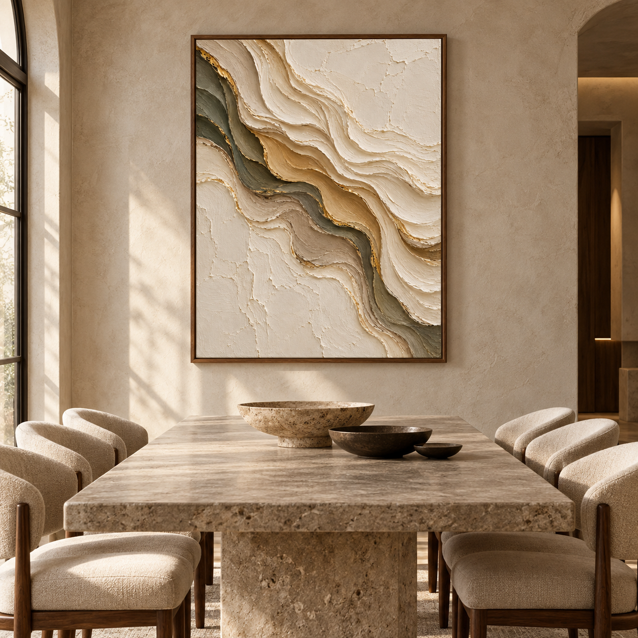 Luxury Gold Leaf & Sage Wave 3D Textured Wall Art – Abstract Organic Marble & River Impasto Canvas Art for Living Room, Modern Wabi-Sabi Wall Decor TEXVAS | Textured Canvas Art