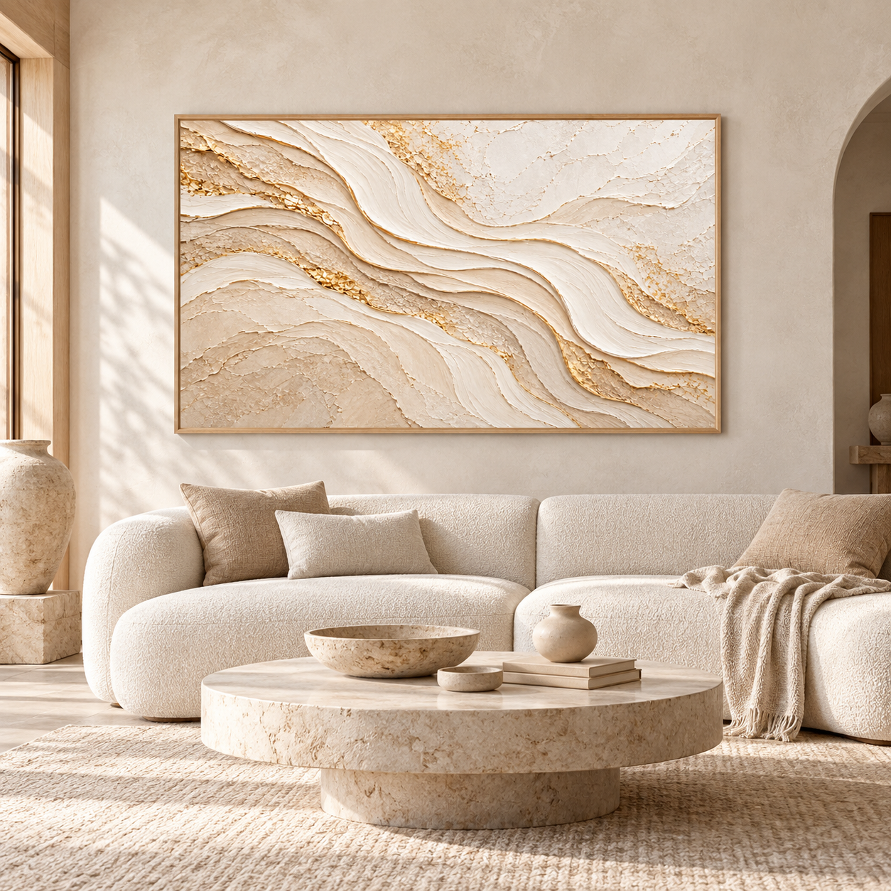 Golden Sands Flow: Horizontal Luxury 3D Textured Wavy Mountain and Gold Leaf Impasto Wall Art for Modern Living Rooms TEXVAS | Textured Canvas Art