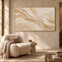 Golden Sands Flow: Horizontal Luxury 3D Textured Wavy Mountain and Gold Leaf Impasto Wall Art for Modern Living Rooms TEXVAS | Textured Canvas Art