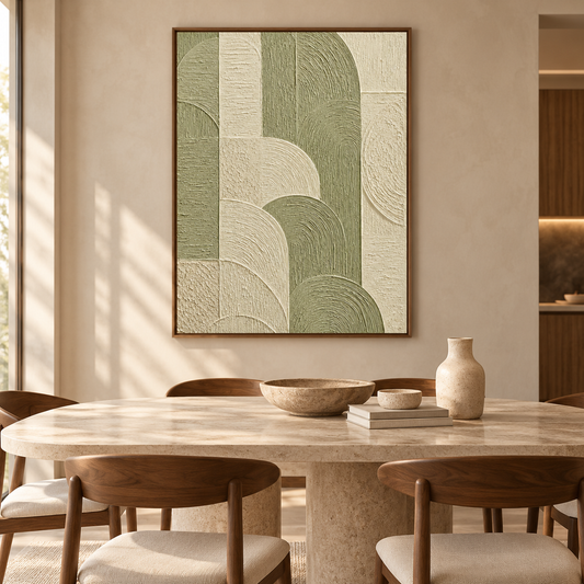 Geometric Arches Textured Wall Art - Sage Green & Cream Impasto Canvas with Curved and Linear Relief Patterns, Walnut Framed TEXVAS | Textured Canvas Art