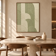 Geometric Arches Textured Wall Art - Sage Green & Cream Impasto Canvas with Curved and Linear Relief Patterns, Walnut Framed TEXVAS | Textured Canvas Art