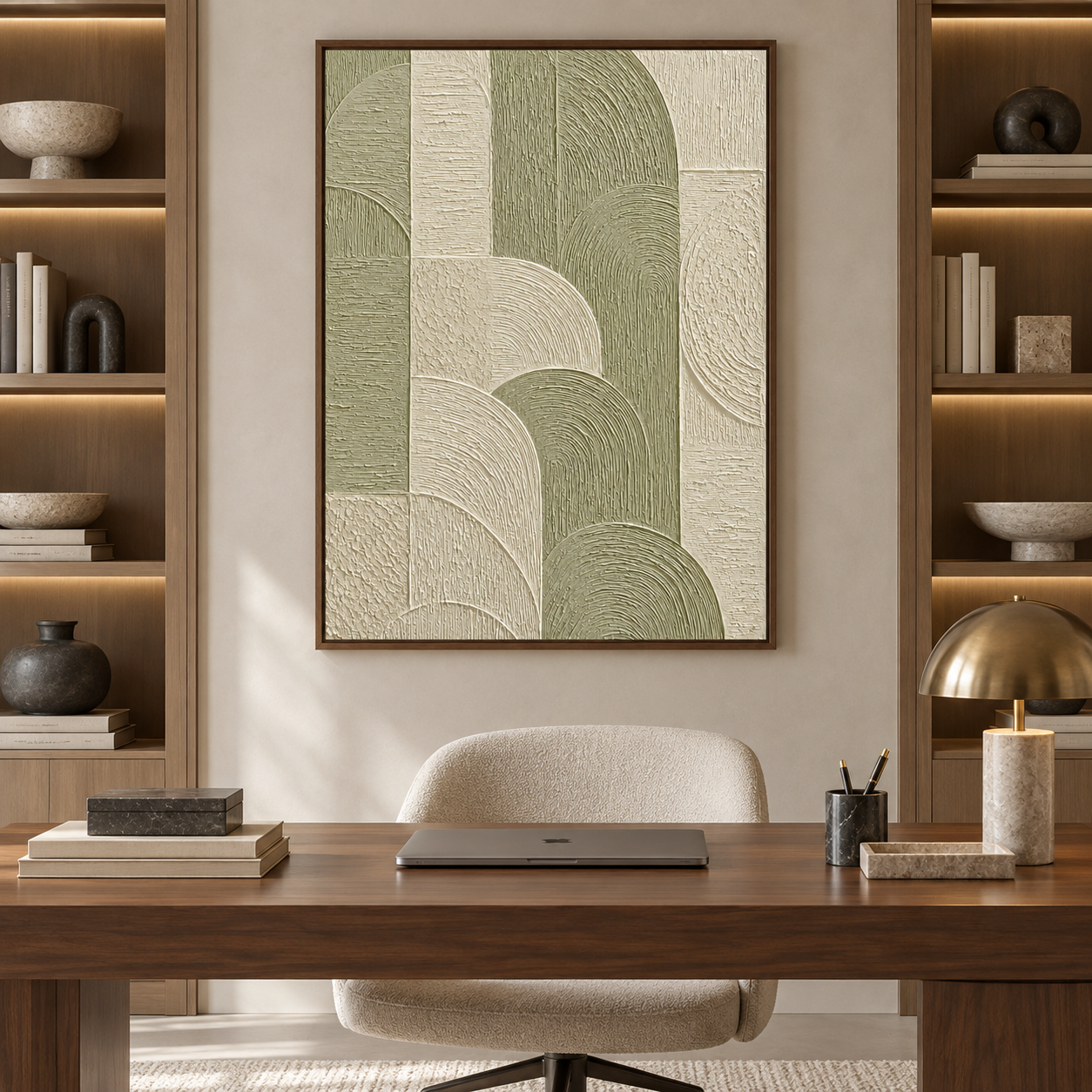 Geometric Arches Textured Wall Art - Sage Green & Cream Impasto Canvas with Curved and Linear Relief Patterns, Walnut Framed TEXVAS | Textured Canvas Art